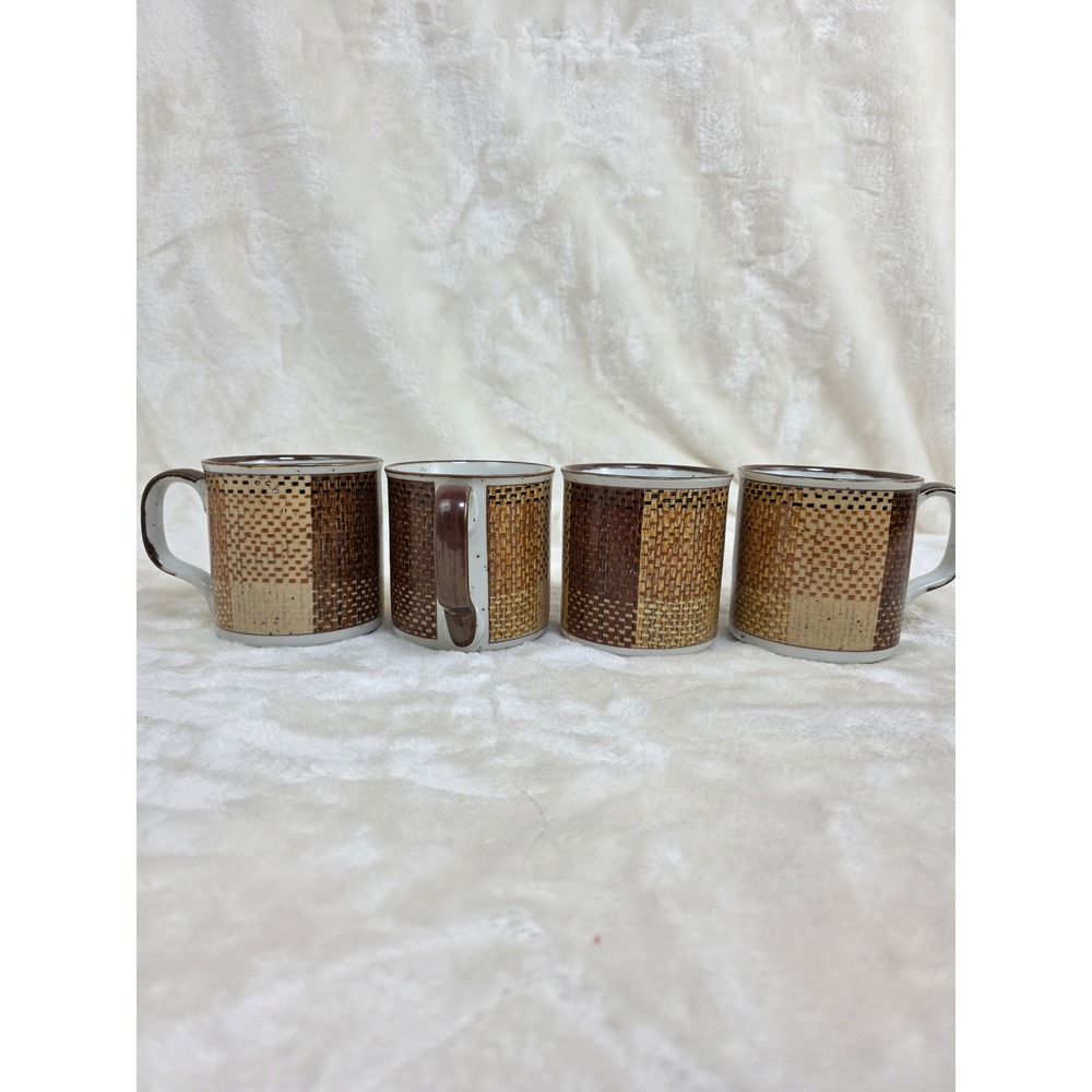 Set of 4 Woven Pattern‎ Ceramic Coffee Mugs Vintage Rustic Kitchenware
